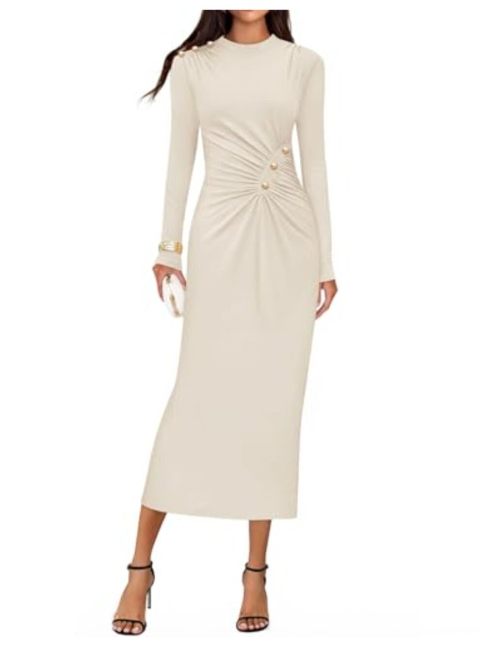 Long Sleeve Mock Neck Bodycon Midi Dress Ruched Knit Party